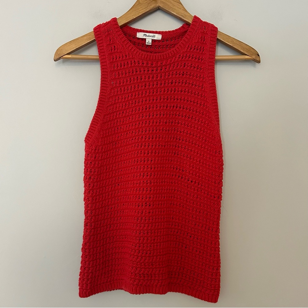 Madewell Crochet-Knit Crewneck Sweater Tank in Crushed Watermelon Red - Picture 3 of 8